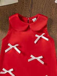 SHEIN 女婴蝴蝶结连衣裙，无袖A字裙，翻领设计，舒适时尚，适合正式场合或婚礼穿着，优雅、甜美、可爱、时尚。 - 紅色 - 查看 5