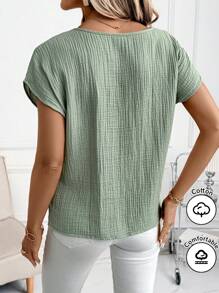 SHEIN Clasi 夏季优雅女士绿色纹理皱布露肩短袖透气衬衫，适合各种场合，日常通勤、居家等 - 綠色 - 查看 4