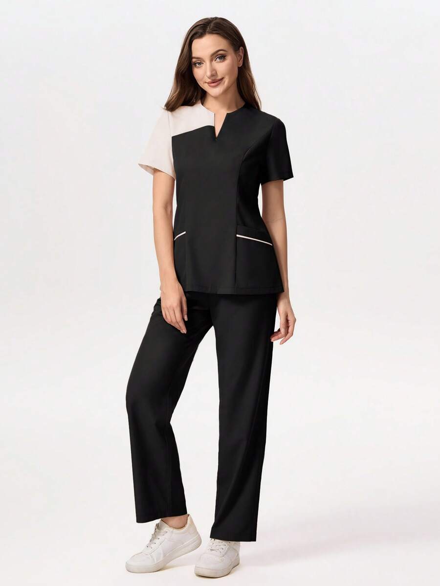 TaskEZ Contrast Color V-Neck Short Sleeve Top And Pants Scrub Uniform Set - Black - View 1