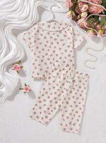 2pcs Baby Girls Simple Fresh Pink Ditsy Floral Peter Pan Collar Short Sleeve And 3/4 Pants Casual Homewear Set Baby Baby Girls Sets Baby Clothes Set Sets For Baby Girls Baby Clothing Baby Girls Sets - Pink - View 2