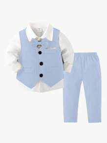 SHEIN Bộ vest nam 2 món: Áo ghi lê trơn và quần dài, thời trang thoải mái cho tiệc sinh nhật, sự kiện buổi tối, đám cưới - Màu xanh nhạt - Xem 2
