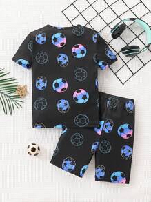 2 件套男童夜光足球印花黑色休闲圆领短袖上衣和紧身裤睡衣套装 - 彩色 - 查看 2