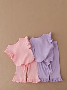 2 Pieces Baby Girls' Ribbed Ruffle Trim Wing Sleeve Top And Ruffle Hem Cropped Pants Set, Light Pink And Light Purple - Multicolor - View 2