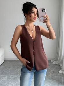 Gloray Women's Solid Color Sleeveless V-Neck Vest, Minimalist Fashion Suitable For Summer