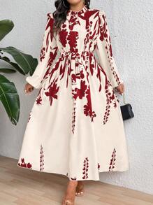 Celure 加大码花卉印花立领系带长袖连衣裙 长款女装 - 紅色 - 查看 1