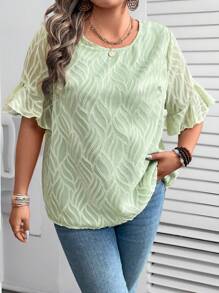 SHEIN LUNE Blouse décontractée ample pour femmes, col rond, manches courtes, couleur unie, jacquard, pour l'été - Turquoise - Voir 1