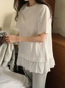 DAZY T-shirt casual da ragazza con scollo tondo, maniche corte, dettagli in pizzo a contrasto, con volant
