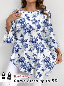 SHEIN CURVE+ Plus Size Women's Boho Floral Print Blouse: Woven Fabric, Round Neck, Three-Quarter Sleeves, Asymmetrical Hem, And Regular Fit For Stylish Comfort - Multicolor - View 1