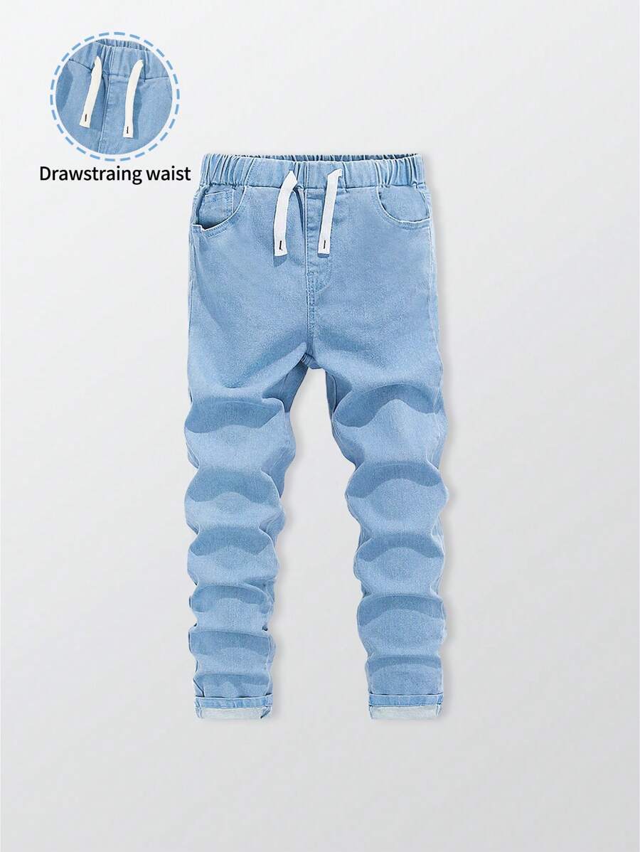 Boys' Elastic Waistband Adjustable Drawstring Skinny Casual All-Match Gray Jeans, School, Campus, College Chic Outfits For Autumn/Winter - Light Wash - View 1
