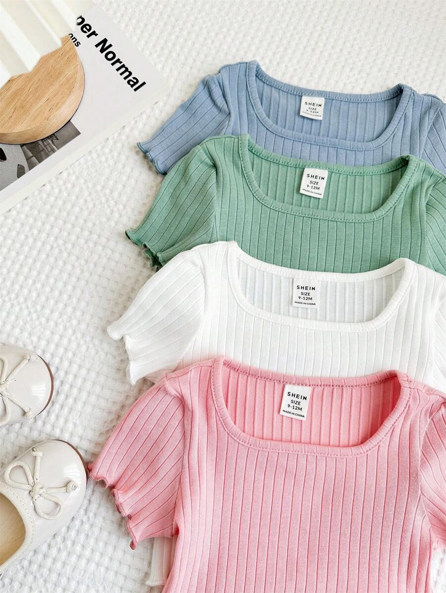 Set de 4 blusas de manga corta con volantes y diseño de niña de unicolor casual para bebé - Multicolor - Ver 1