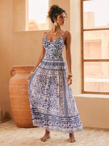 Swim Oasis Oasis Paisley Print Premium 2 Pieces Swimsuit For Summer Beach Vacation - Blue and White - View 8