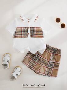 Cozy Pixies 2pcs/Set Baby Boy Colorblock Lapel Short Sleeve Snap Button Casual Shorts Set