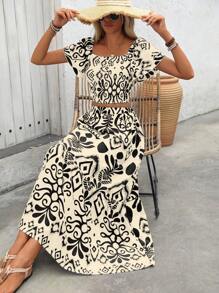 Breezaya 2 件套女士节日植物印花荷叶边袖衬衫和迷你裙套装 - 杏色 - 查看 7