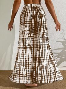 SHEIN Swim Women's Batik Print High Slit Beach Coverup & Skirt Set, For Vacation For Summer - Khaki - View 2