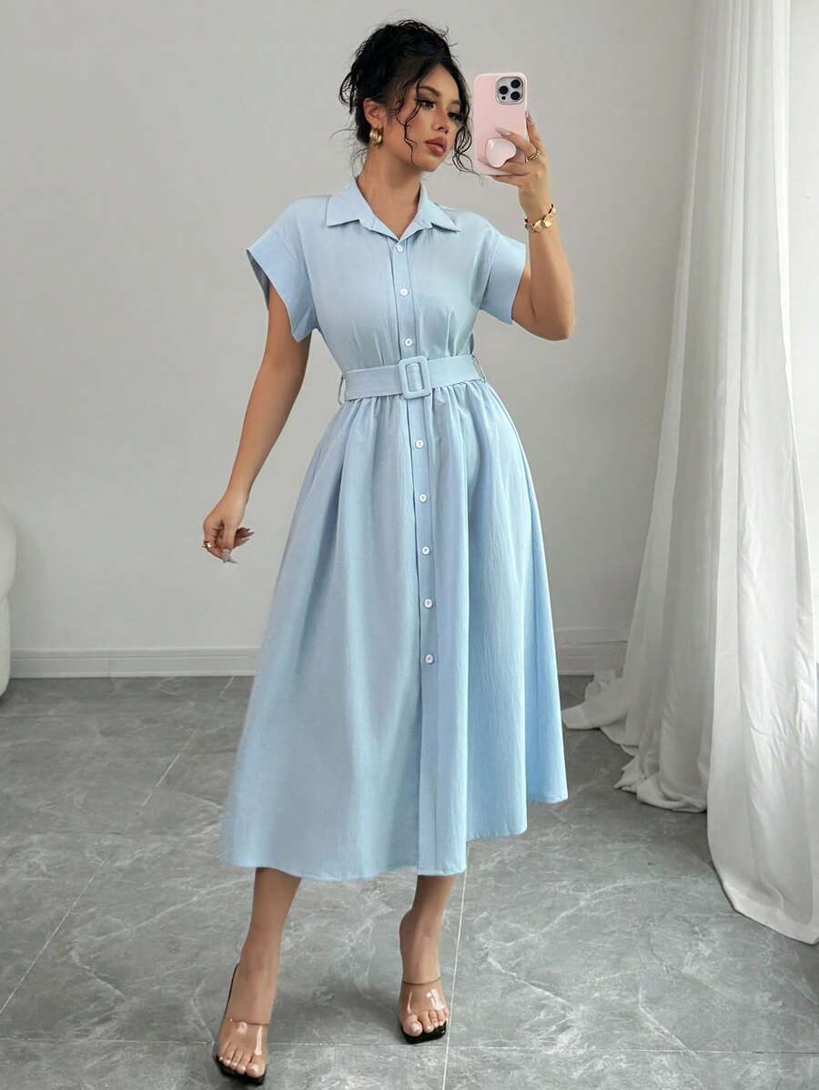 Rafferiza Women's Light Blue Collared Midi Vacation Dress, Spring/Summer - Blue - View 1