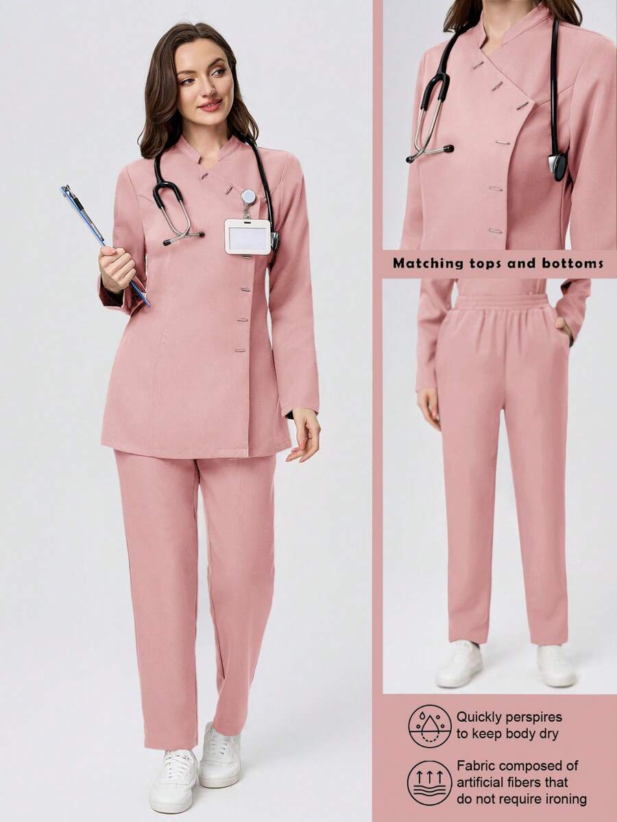 Scrubzie Set Seragam Medis Wanita dengan Atasan Lengan Panjang Kerah Tegak Anti Kerut dan Celana Panjang - Berwarna merah muda - View 1