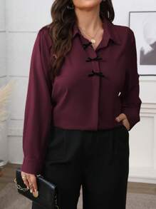 Vionelle 大码女式纯色优雅法式通勤衬衫，带荷叶边领，蝴蝶结装饰，长袖，适合春秋季节 - 紫紅色 - 查看 5