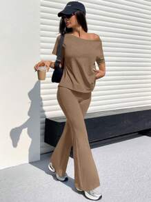 SHEIN EZwear Solid Color Off-Shoulder T-Shirt And Flare Pants 2 Pieces Set - Coffee Brown - View 3