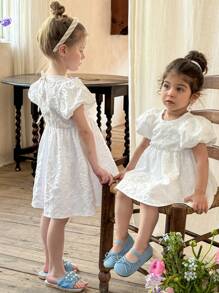 LMoss Kids LMoss   Baby Girl Solid Color Round Neck Puff Sleeve Fitted Casual Dress,Party,Spring And Summer Spring Dresses For Girls Baby Spring Dress Baby Girl Cute Dress Toddler Spring Dresses	,Sisters Outfit,3D Bow Decor - White - View 8