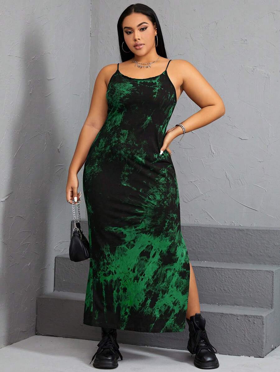 SHEIN EZwear Váy xẻ tà nhuộm loang cỡ lớn, thường ngày mùa hè - màu xanh lá - Xem 1