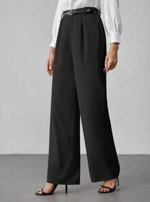 SHEIN Tall 女式休闲直筒裤（配腰带） - 黑色 - 查看 7