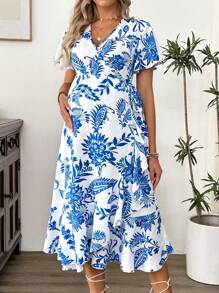 SHEIN Maternity Casual Full Print Ruffled Tie Wrap Dress - Blue - View 5
