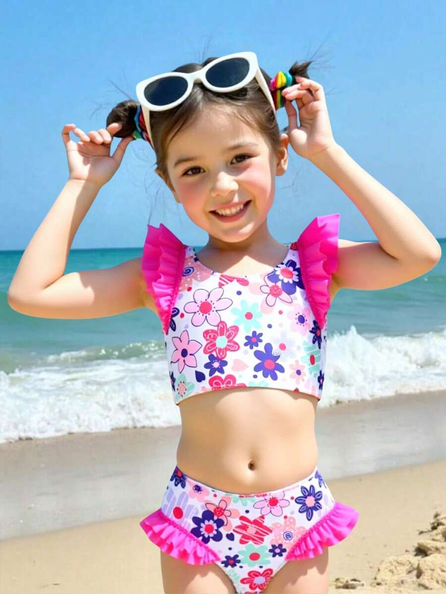 2pcs/Set Young Girl Swimwear, Random Printed, Fly Edge Loose' - Multicolor - View 1