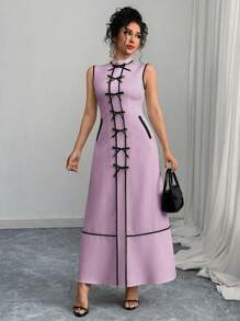 SHEIN Unity Round Neck Sleeveless Bow Decor Dress For Women - Mauve Purple - View 3