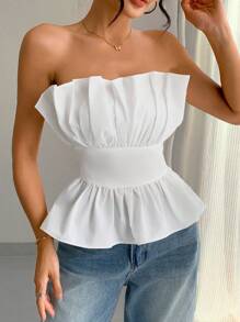 INAWLY Off Shoulder Ruffled Hem Crop Top Peplum - White - View 5