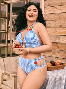 Swim Mod 大码女式 2 件套可爱樱桃装饰抽绳腰部蝴蝶结比基尼泳装 - 彩色 - 查看 4