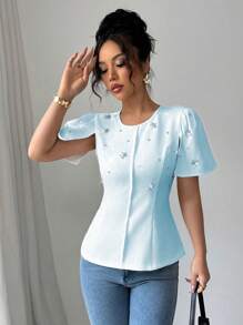 Elenzga Blusa de mujer de manga corta, ajustada, con cuello redondo, diseño de rhinestones y unicolor - Azul - Ver 5