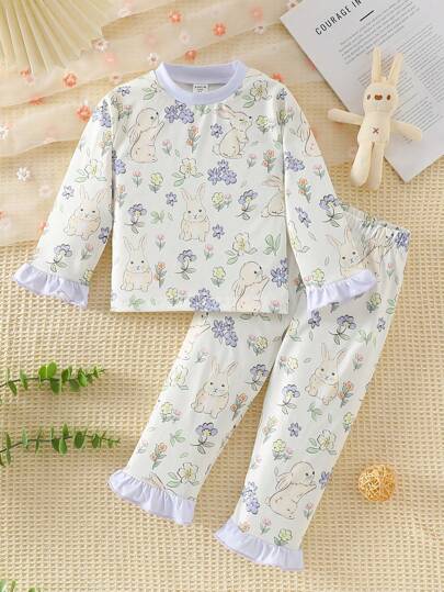 SHEIN 2 件套 女宝宝粉色甜美碎花荷叶边袖长裤和长袖休闲舒适睡衣套装