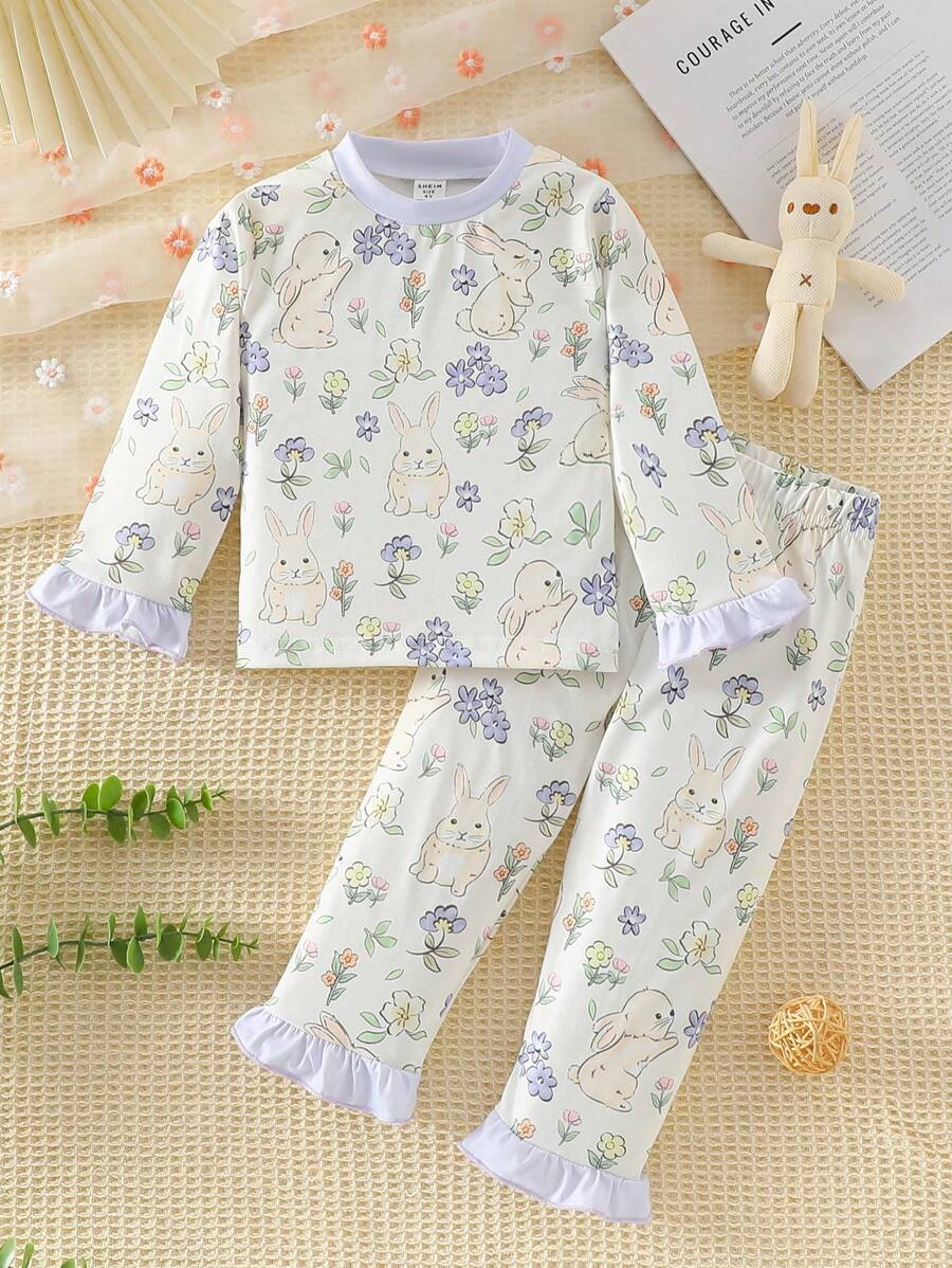 SHEIN Bộ 2 món/Bộ quần dài tay bèo nhún họa tiết hoa màu hồng ngọt ngào cho bé gái và bộ đồ ngủ tay dài thoải mái thường ngày - Nhiều màu - Xem 1