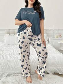 Butterfly & Letter Print Short Sleeve & Long Pants Plus Size Women Pajamas Set - Dusty Blue - View 3