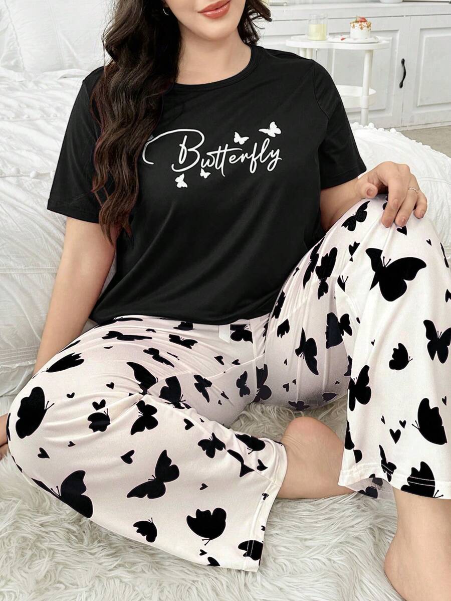 Plus Size Women's Letter & Butterfly Print Short Sleeve Pajama Set - Black - View 1