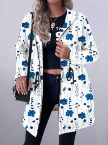 SHEIN LUNE 女士休闲度假抽绳口袋连帽运动衫，毛绒图案印花长款轻便夹克 - 藍白色 - 查看 6