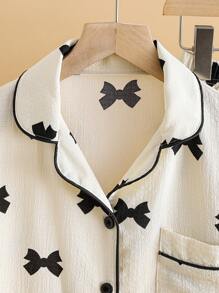 Girls Teen Apricot Base Black Bow Print Lapel Cardigan Short Sleeve Shorts Casual Loose Pajama Set, Summer,Travel - Apricot - View 6