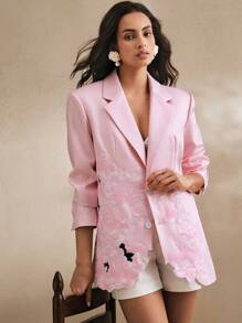 Anewsta 优雅海军蓝和白色条纹刺绣细节修身女士商务休闲西装外套 - 淺粉色 - 查看 4