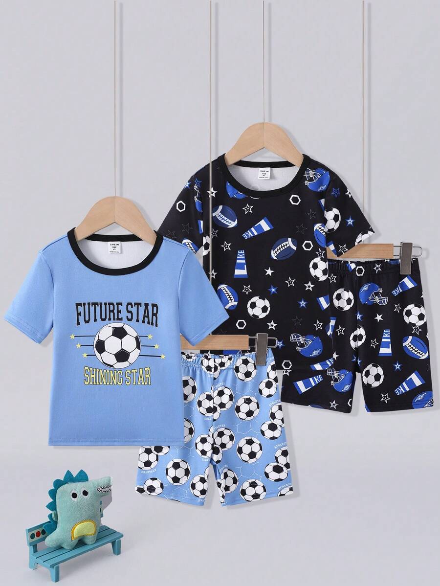 4pcs/Set Toddler Boys Minimalist Football Star Print Short Sleeve T-Shirt & Shorts Workout Set, Stretchy Comfy Round Neck Contrast Trim, Spring/Summer - Multicolor - View 1