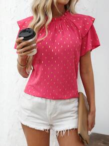 SHEIN LUNE Women's Gold Foil Print Frill Trim Insert Casual Short Sleeve Blouse - Multicolor - View 3