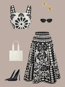 Chiquease 2 件女士优雅时尚套装：无袖吊带背心和图案裙，适合派对、毕业典礼、户外活动、春夏季 - 黑與白 - 查看 1