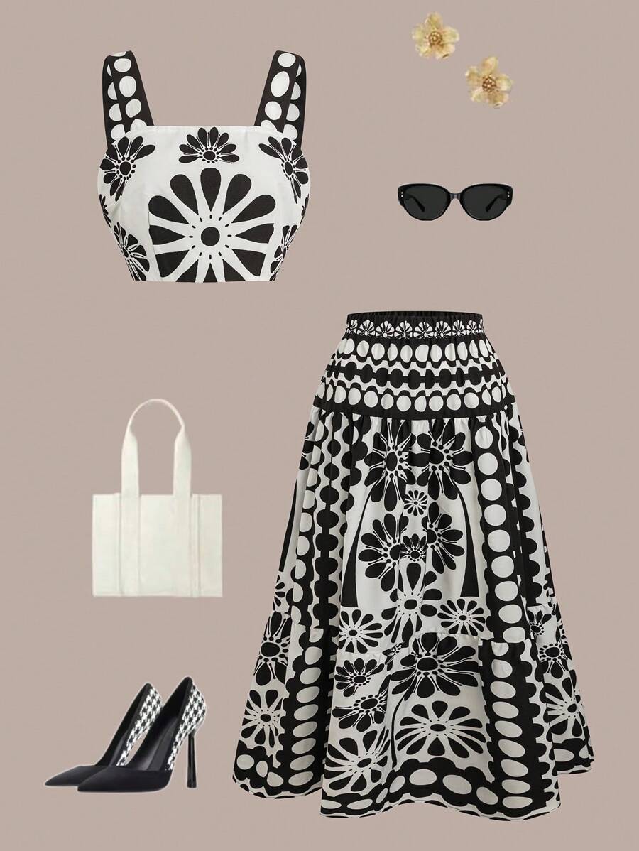 Chiquease 2 件女士优雅时尚套装：无袖吊带背心和图案裙，适合派对、毕业典礼、户外活动、春夏季 - 黑與白 - 查看 1