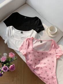 Comfortcana Camiseta ajustada casual de manga corta con cuello cuadrado para mujer, multicolor - Multicolor - Ver 2