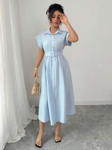 Rafferiza Women's Light Blue Collared Midi Vacation Dress, Spring/Summer - Blue - View 3
