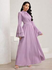 Veilorie 女士优雅阿拉伯风格珍珠装饰喇叭袖连衣裙 - 粉色 - 查看 6