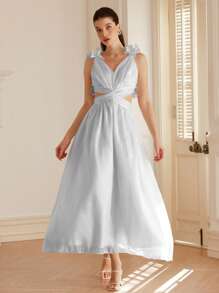 Aveloria Rosie Sexy Italian Solid Color Cross Strap Backless V-Neck Mermaid Dress, Satin Sheen, Sleeveless For Women Elegant FashionableOld Money Style Fall Cloth For Women