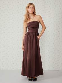 SHEIN EZwear 纯黑色斜口袋管长连衣裙 - 摩卡棕 - 查看 5