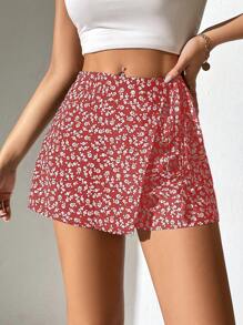 SHEIN PETITE 小碎花印花结饰侧裹下摆夏季短裙 - 粉色 - 查看 1