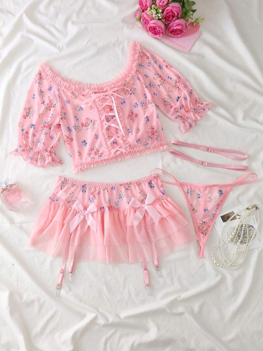 Spicy Aura 4pcs/Set Romantic Floral Print Lace Cross-Tied Sexy Lingerie Set For Women, Valentine's Day - Pink - View 1