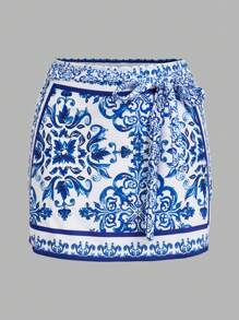 Swim Oasis SS2025 Kobiety Wiosna/Lato Kostium Kąpielowy Plażowy, Strój Plażowy, Niebieski I Biały Wzór Porcelany, Jednoczęściowy + Krótka Spódnica Cover Up - Niebieski i biały - Zobacz 4